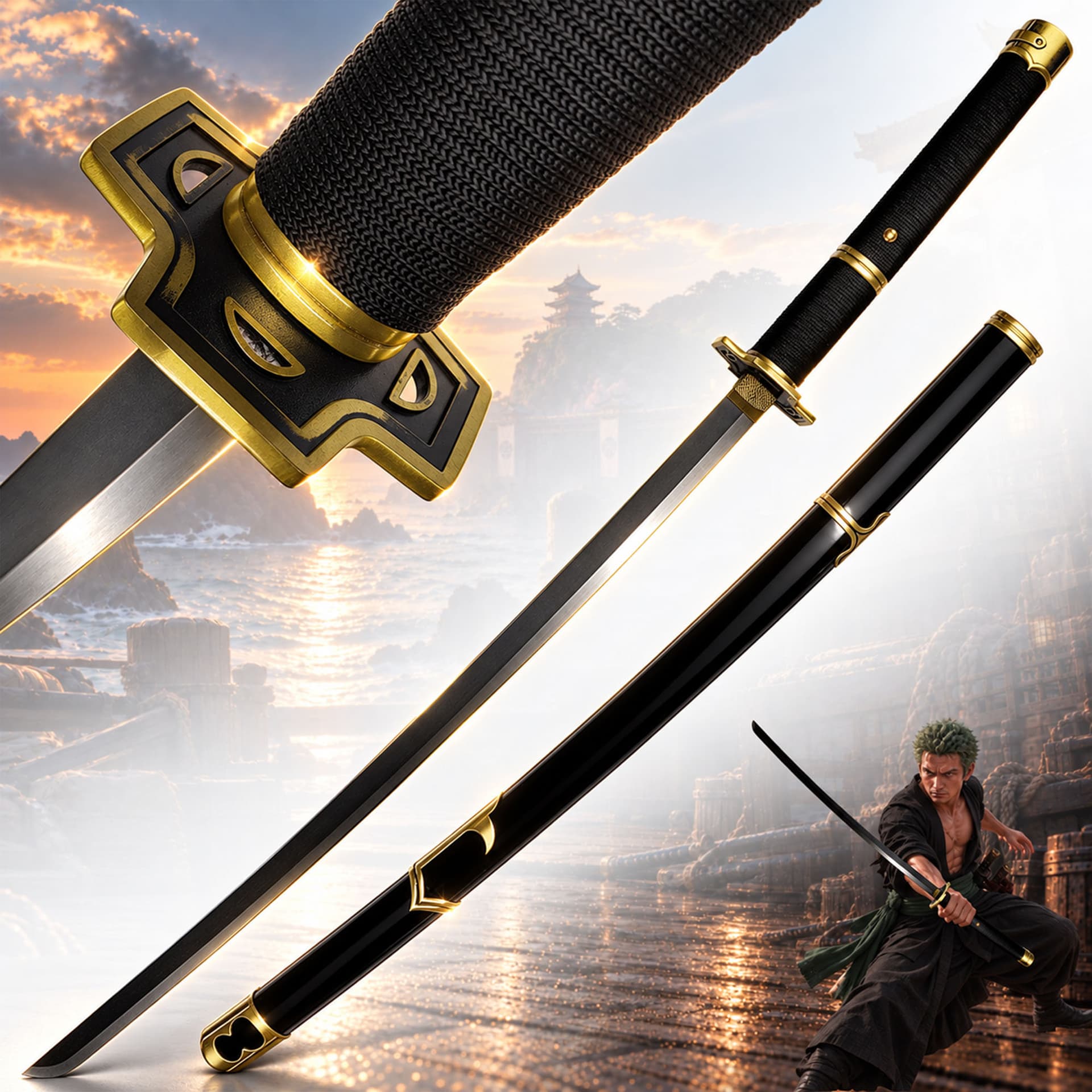 One Piece Roronoa Zoro Yubashiri Anime Schwert, schwarz