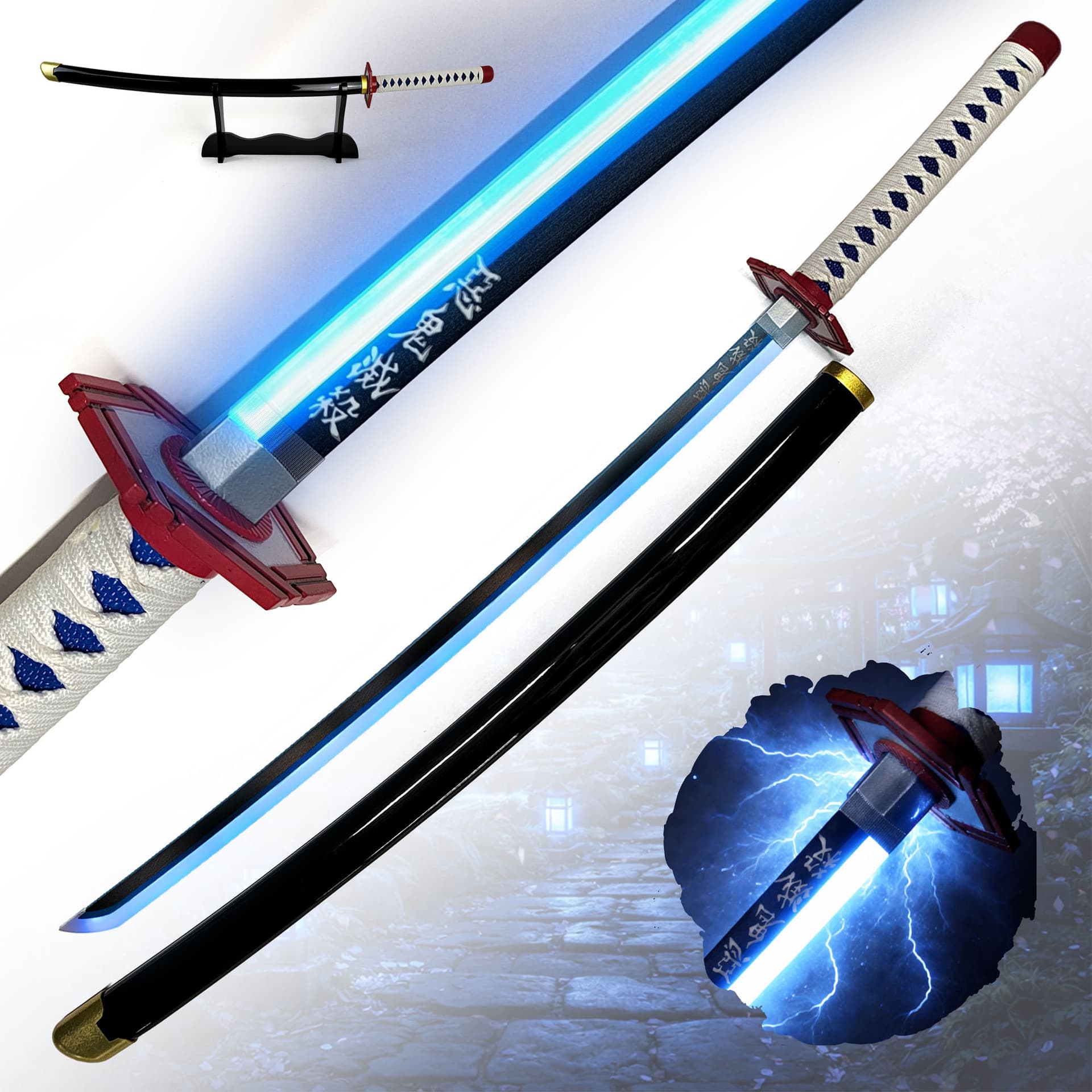Demon Slayer – Giyuu Tomioka’s Nichirin Katana with Scabbard (Steel Blade with LED-Illuminated Edge)