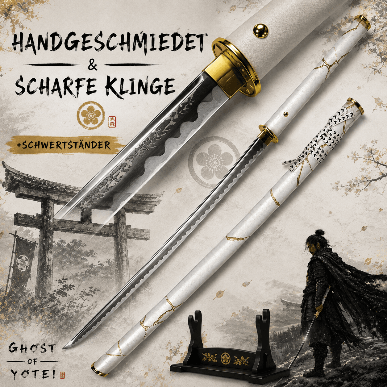 Ghost of Y?tei: Gilded Dawn Katana (Handgeschmiedet & Scharf) inkl. Scheide und Ständer