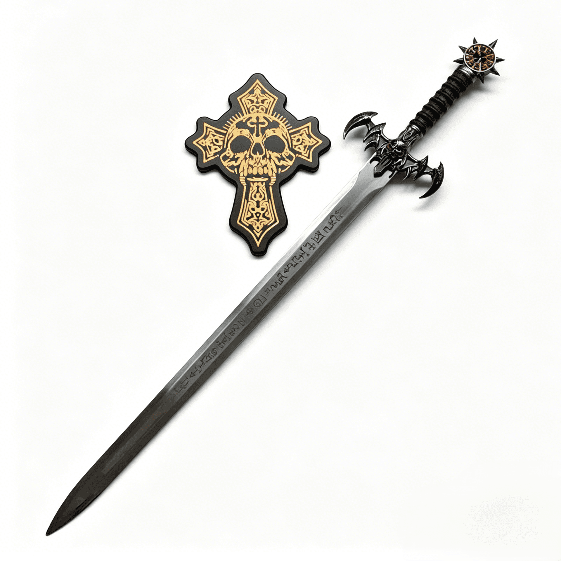 Dunkles Runen-Schwert (Stahl) – 110 cm Fantasy-Replika inkl. Totenkopf-Wandtafel