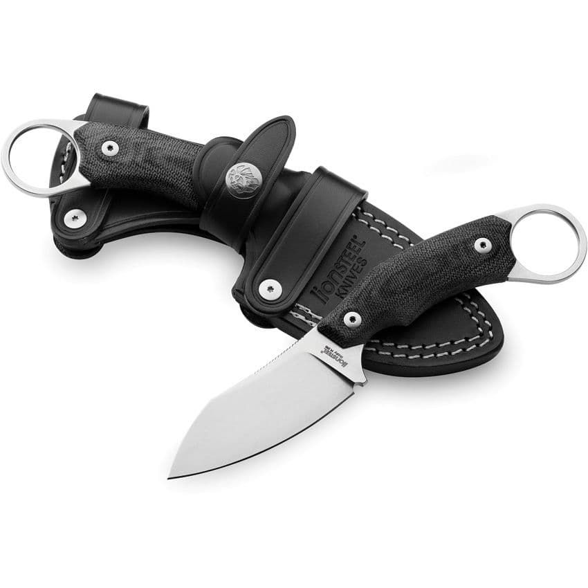 H1, M390 Stonewashed Sheepsfoot-Klinge, schwarzer G10-Griff, schwarze Lederscheide