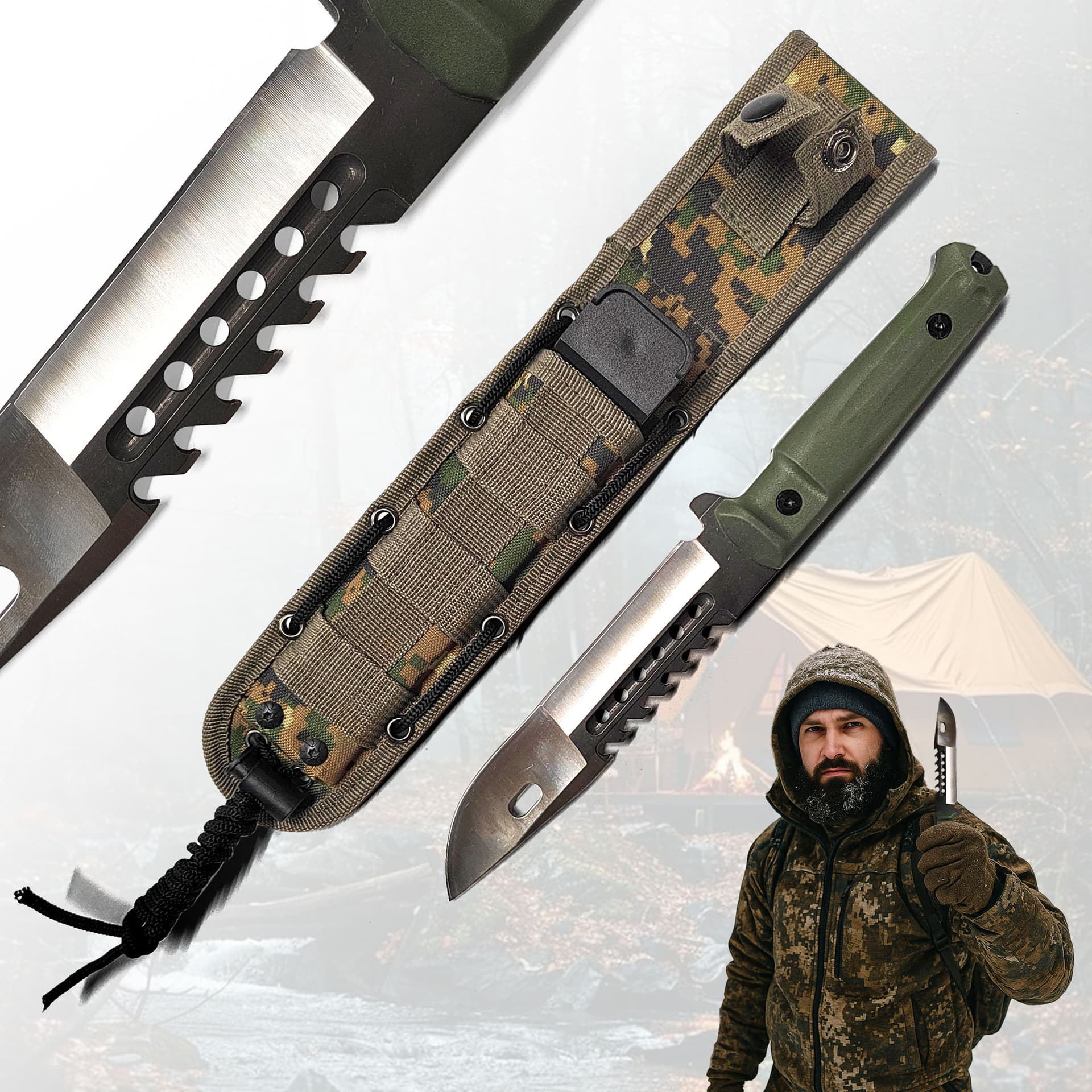 Hunting Knife with Sawback and Sheath