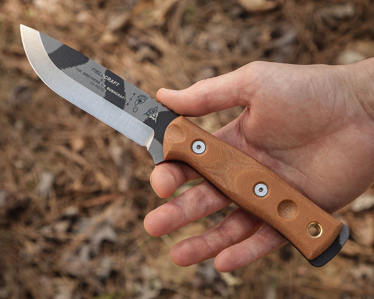 BOB Fieldcraft Knife, 1095 Camo Coated Drop Point, brown Micarta handles, black Kydex sheath