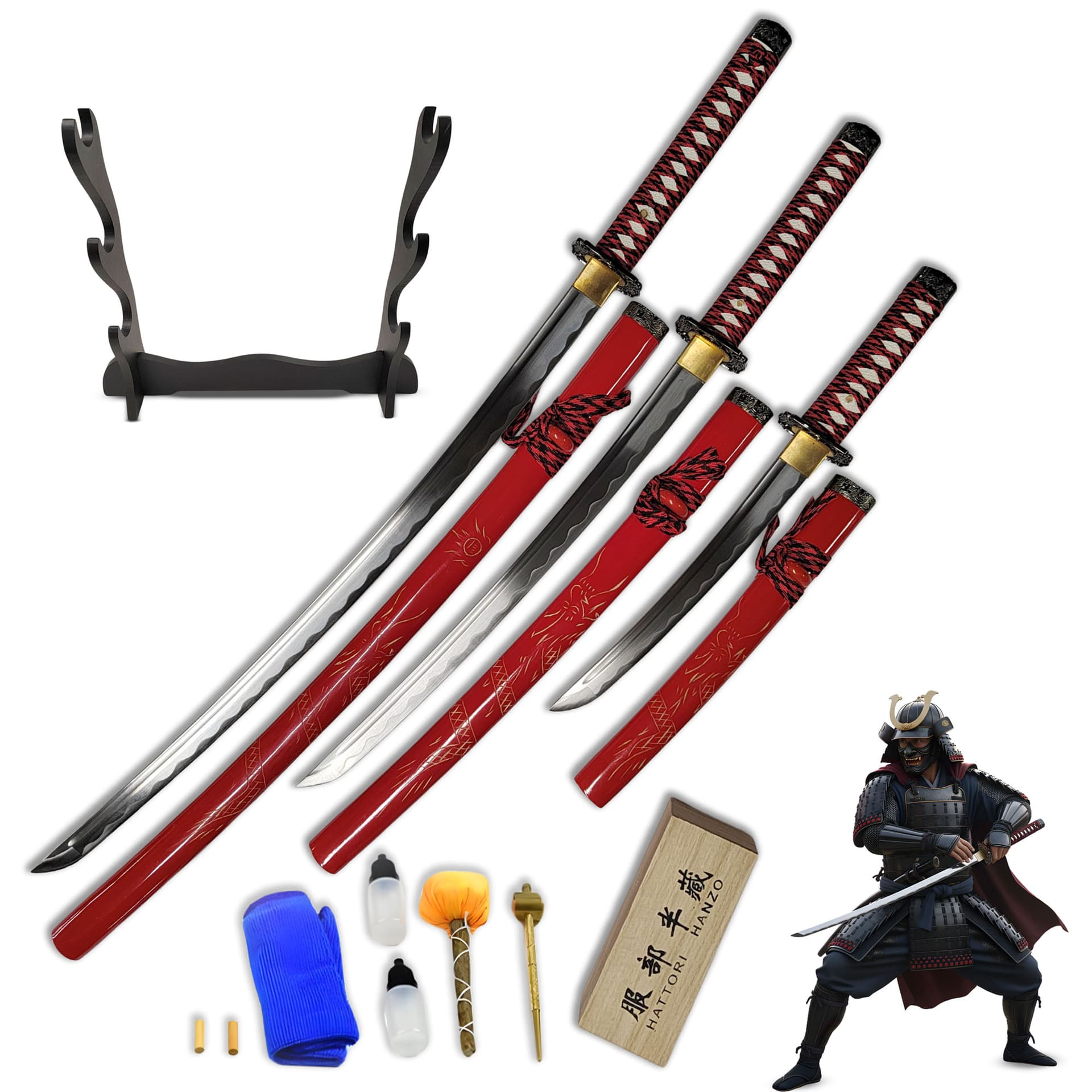 Handgeschmiedetes Samurai Schwert 3er Set mit Ständer und Pflegeset - Rot (Katana, Wakizashi und Tanto)