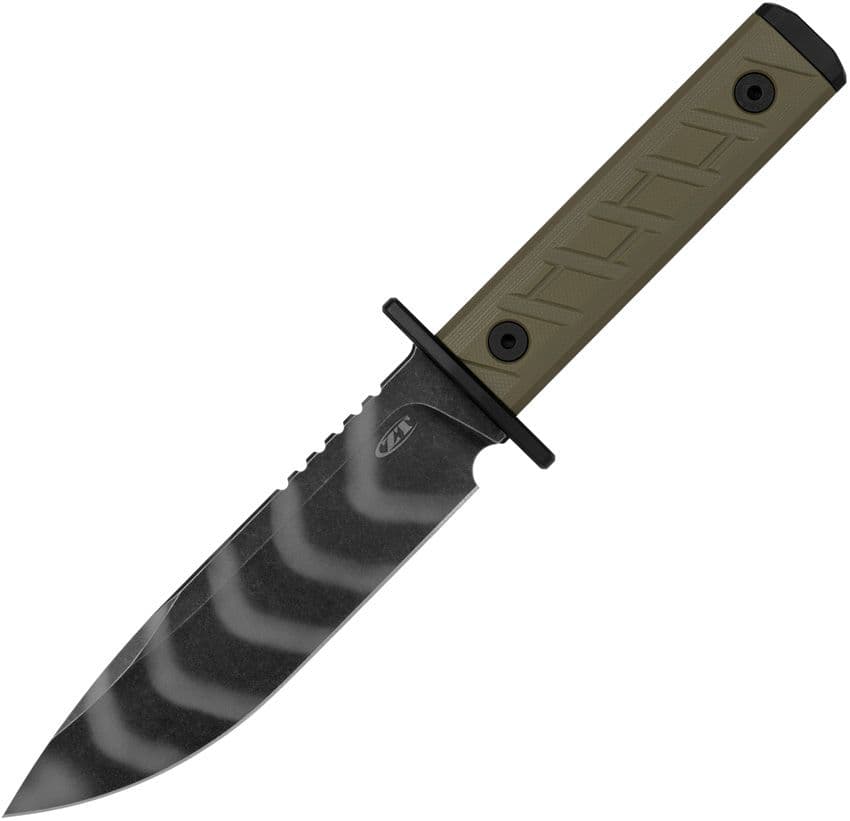 Model 0006TSOL, CPM-3V Tiger Stripe Clip Point Blade, Olive G10 Handles, Kydex Sheath