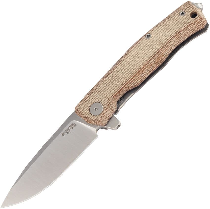 Myto, M390 Satin-Klinge, natürliches Canvas-Micarta und Titan-Griff