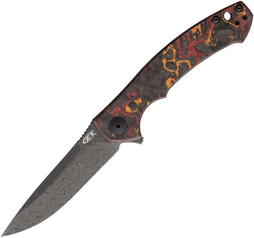 Dmitry Sinkevich Knife, Damascus Drop Point Blade, Red/Orange Multi Marbled Carbon Fiber and Titanium Handle