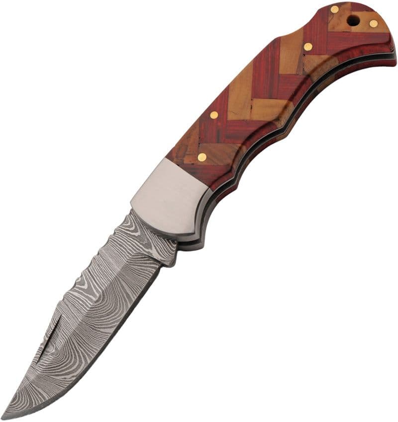 Damast-Taschenmesser mit rot-braunem Edelholzgriff