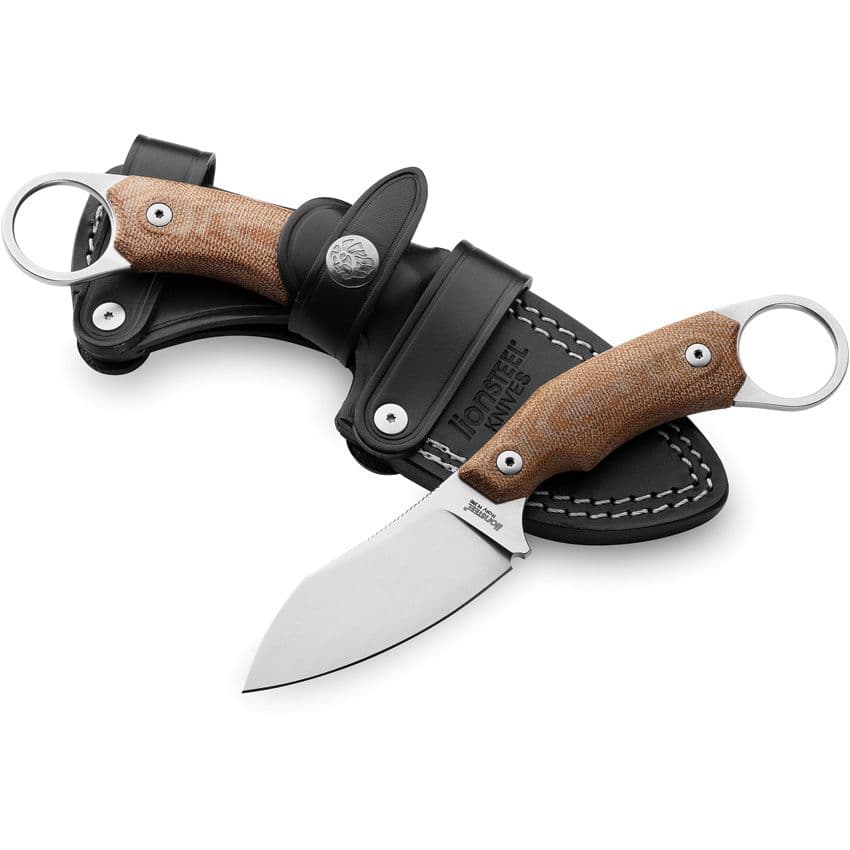 H1, M390 Stonewashed Sheepsfoot-Klinge, natürlicher Canvas-Micarta-Griff, schwarze Lederscheide