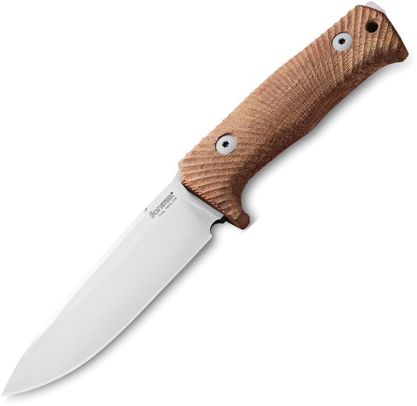 T5, Satin Niolox-Klinge, einteiliger grüner Canvas-Micarta-Griff, Lederscheide