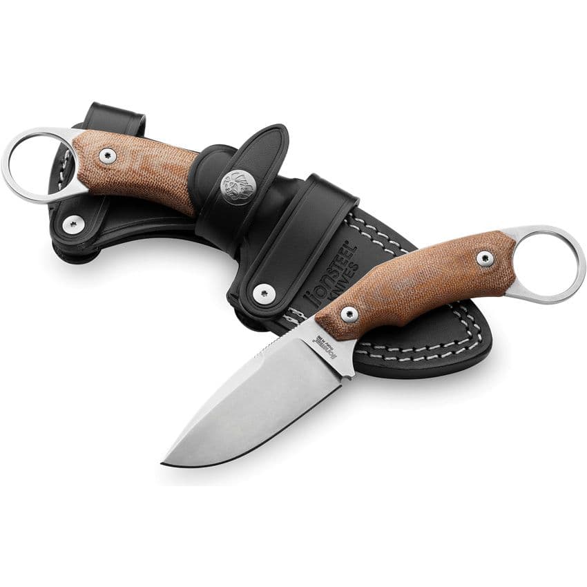 H2, M390 Stonewashed Drop Point-Klinge, natürlicher Canvas-Micarta-Griff, schwarze Lederscheide