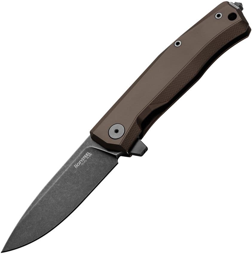 Myto, M390, schwarze PVD-Stonewashed-Klinge, brauner Aluminiumgriff