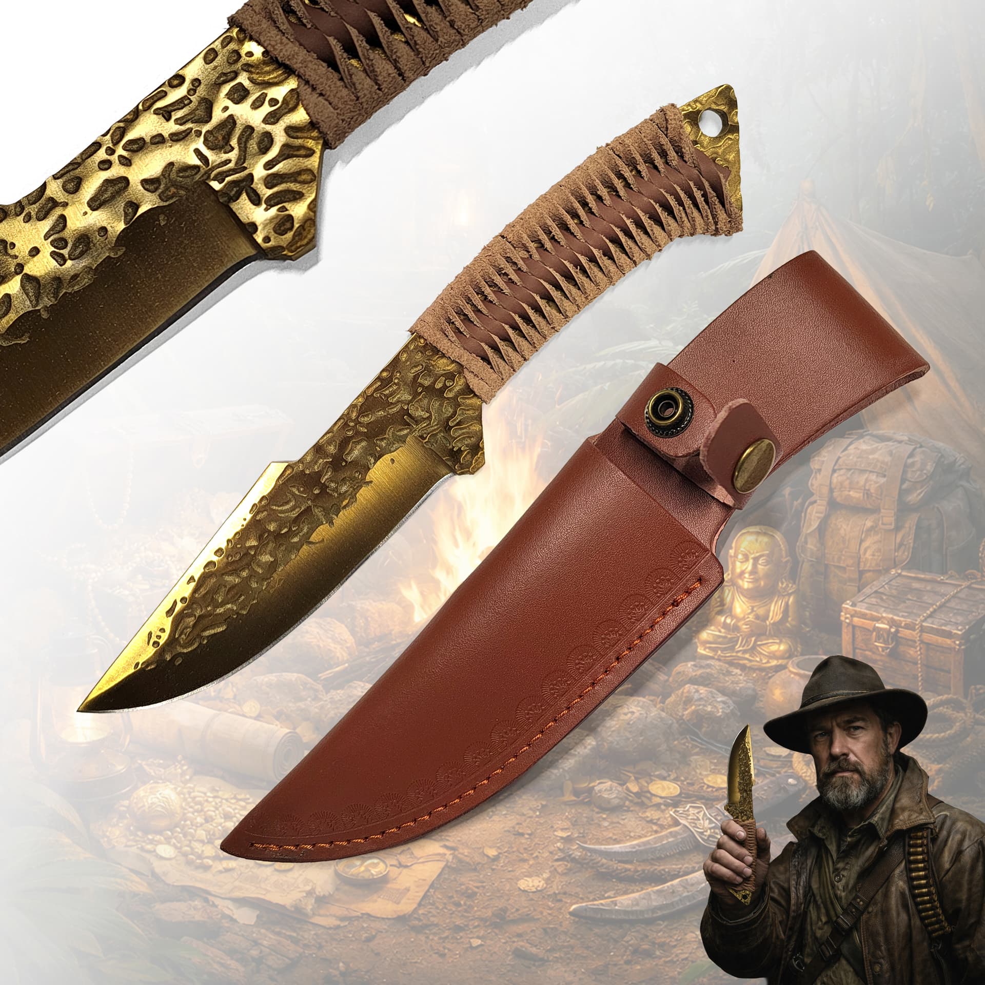 Handgeschmiedetes Jagdmesser im keltischen Stil mit Lederscheide (goldene Klinge)