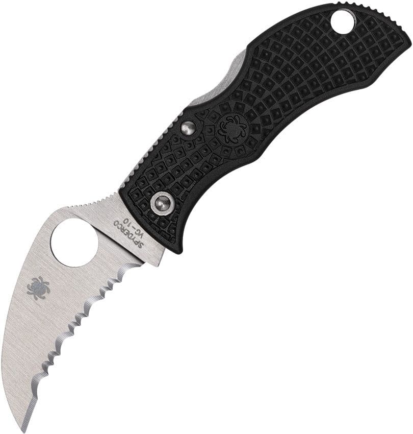 Manbug, VG10 Satin Hawkbill Serrated Blade, Black FRN Handle