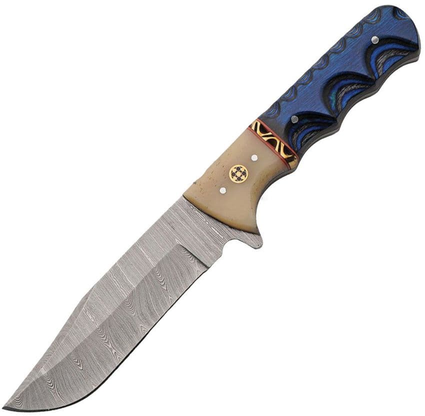 Blue Wood Damascus Hunting Knife