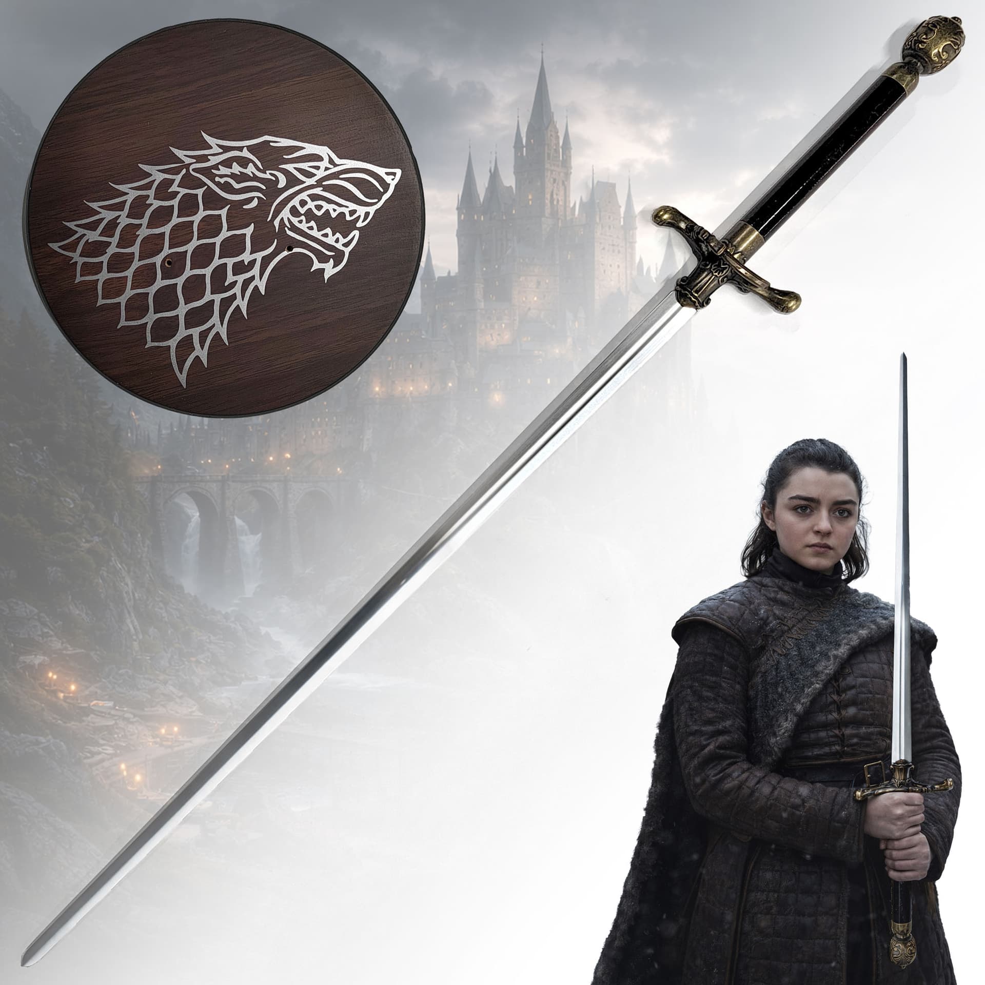 Aryas Schwert "Nadel" (Needle) Replik – Game of Thrones Sammlerstück mit Wolf-Wandhalter