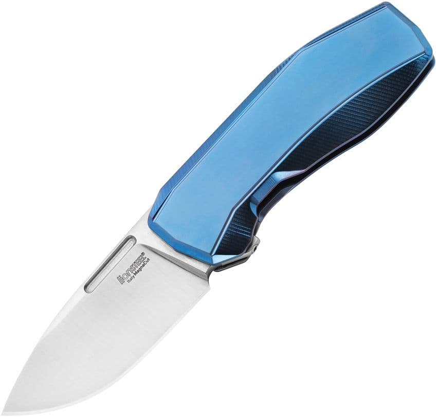 N.ONE, CPM-MagnaCut Satin Drop Point-Klinge, blauer Titangriff