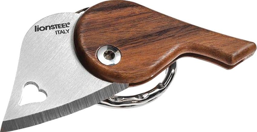 LionBeat herzförmiges Schlüsselanhänger-Klappmesser, integrierter Griff aus Santos-Holz