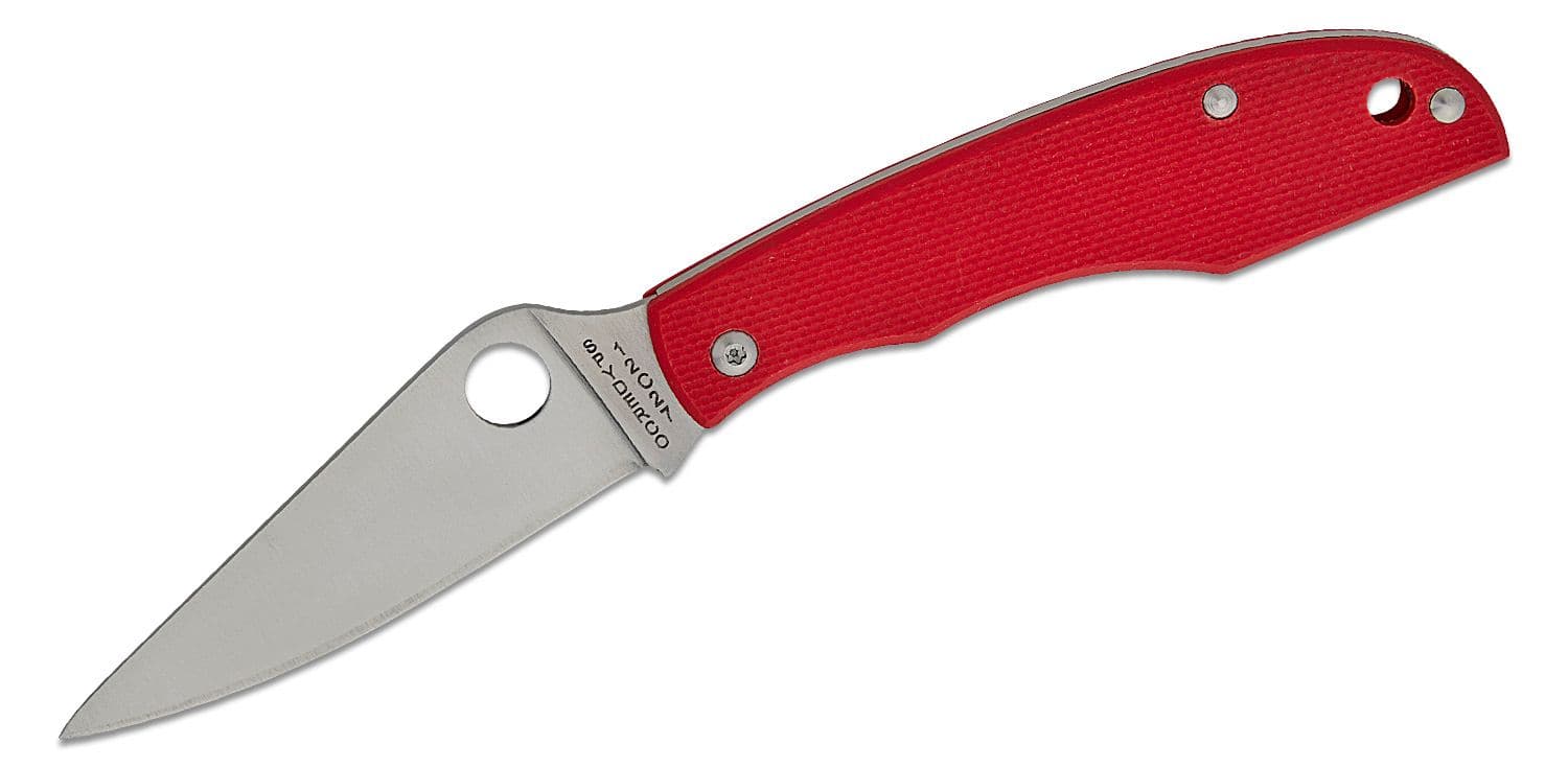 GrassHopper Miniature, 12C27 Satin Plain Blade, Red G10 Handle