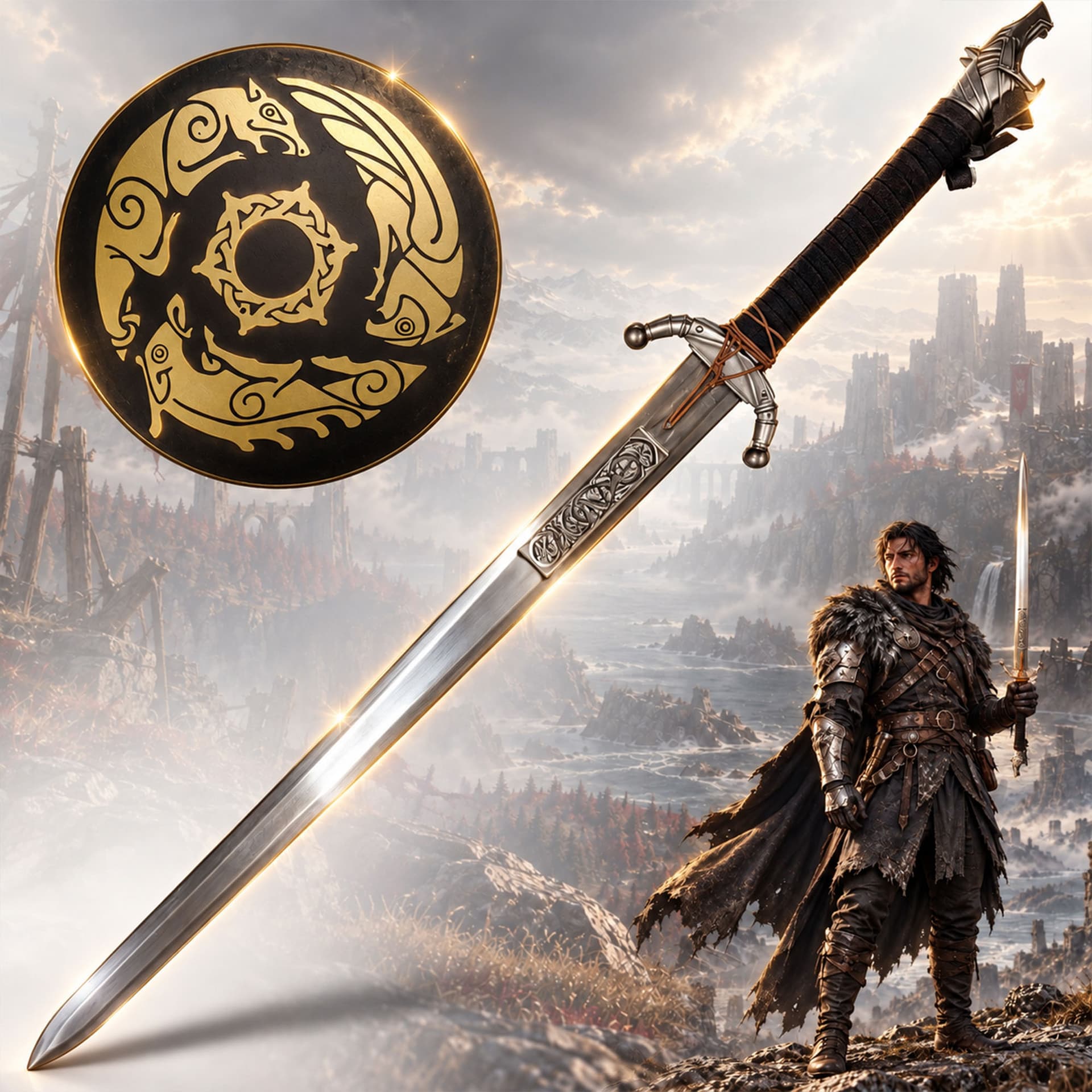 Crimson Desert: Grey Wolf Sword – Steel Replica with Wooden Wall Stand
