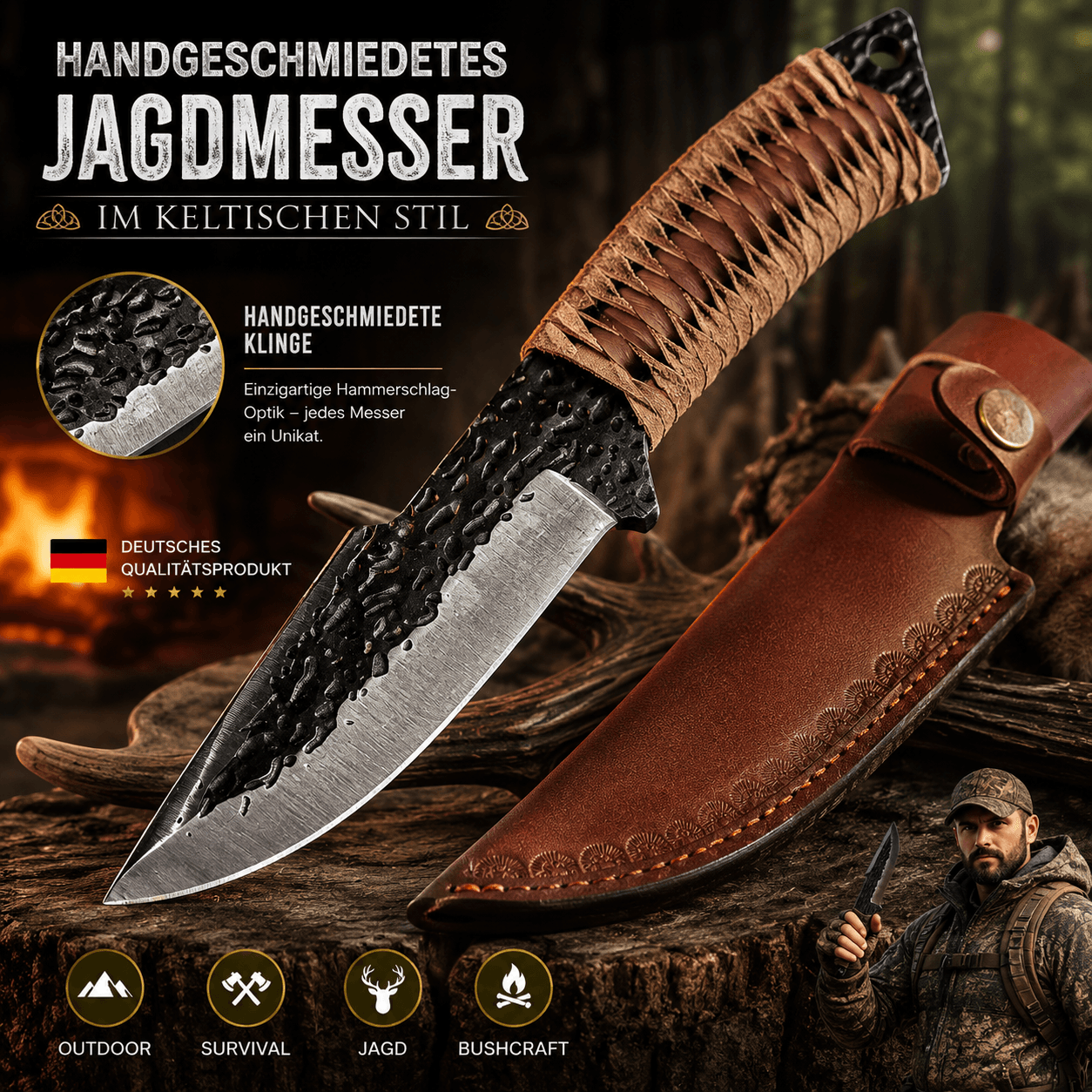 Handgeschmiedetes Jagdmesser im keltischen Stil mit Lederscheide