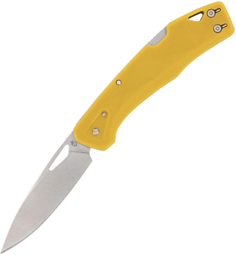 LST, Stonewashed Clip Point-Klinge, senfgelber GFN-Griff