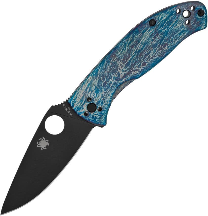 Tenacious D2, schwarze glatte Klinge, Griffe aus blauem Disarray-Titanium
