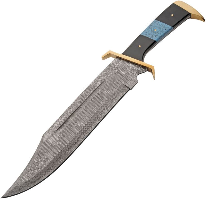 Azure Wave Bowie – 17" Damascus Steel Knife with Turquoise Inlay & Brass