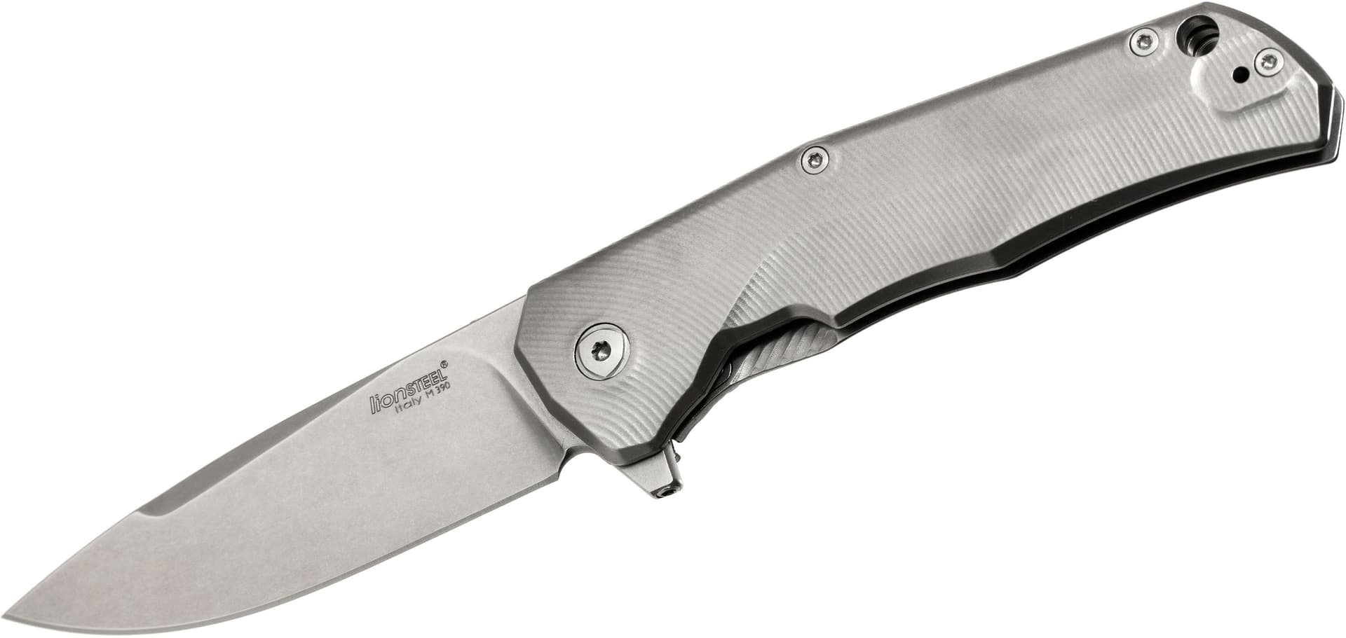 Three Rapid Exchange, M390-Klinge, Griff aus mattiertem Titan, graue Akzente
