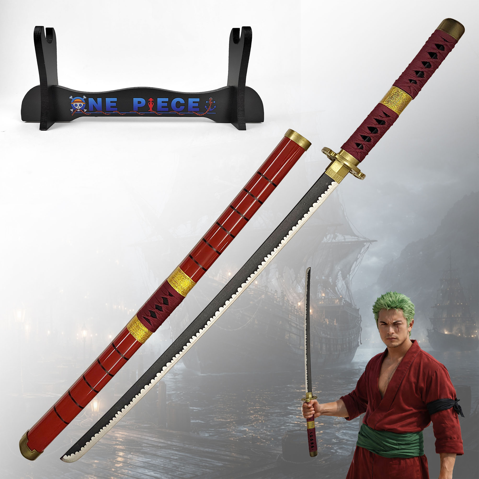 One Piece - Sandai Kitetsu Katana aus Holz mit Scheide und Ständer