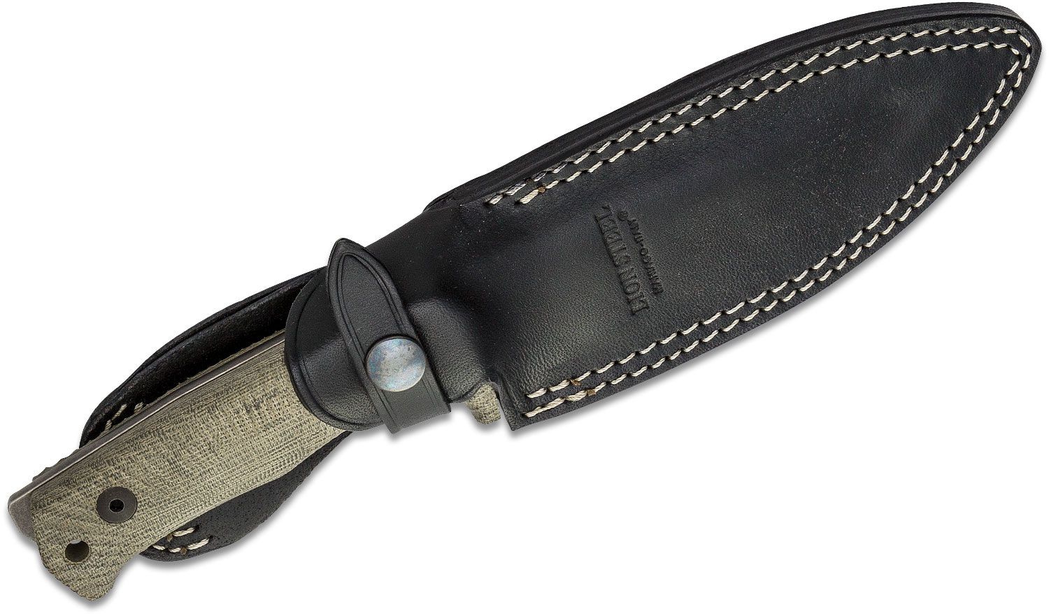 T5, Black Niolox Blade, Single Piece Green Canvas Micarta Handle, Leather Sheath