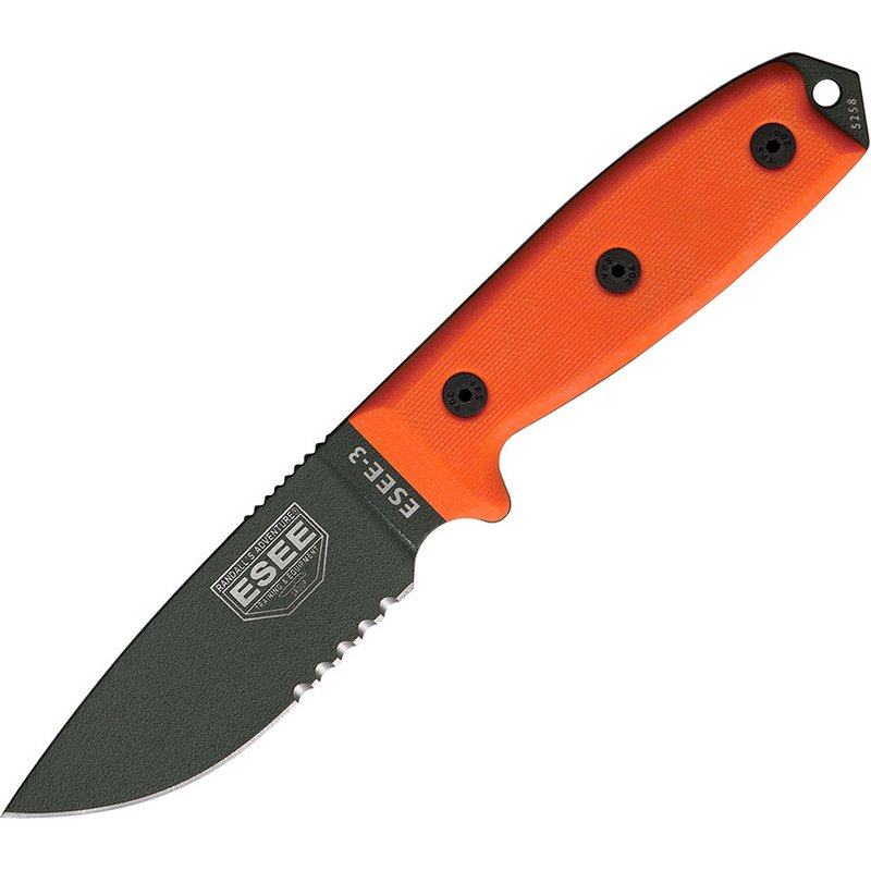 Esee Modell 3, teilgezahnte Schneide mit Scheide, oranger Griff