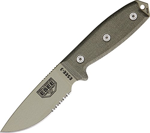 Esee Model 3 Part Serrated with sheath, tan blade, light green h