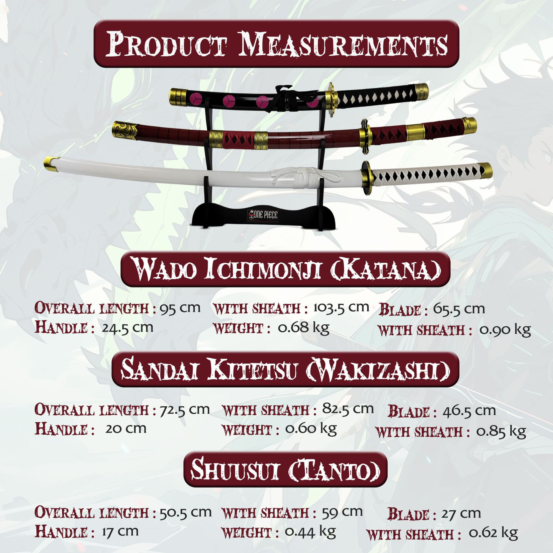 One Piece Schwerter Set mit Ständer – Wado Ichimonji, Sandai Kitetsu & Shuusui