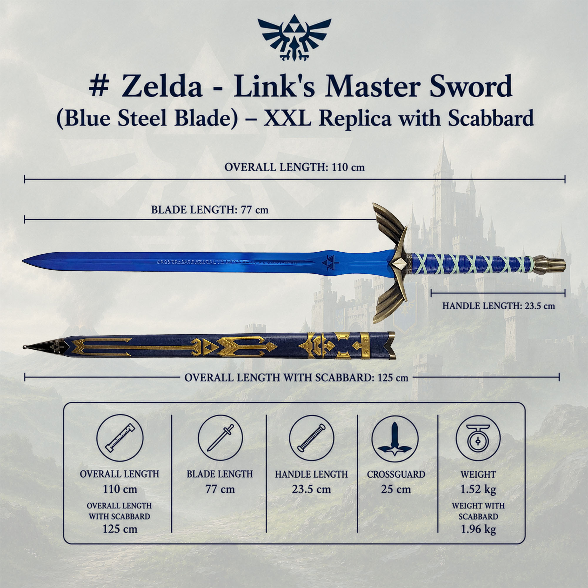 Zelda - Links Master-Schwert (Blaue Stahlklinge) – XXL-Replika inkl. Scheide