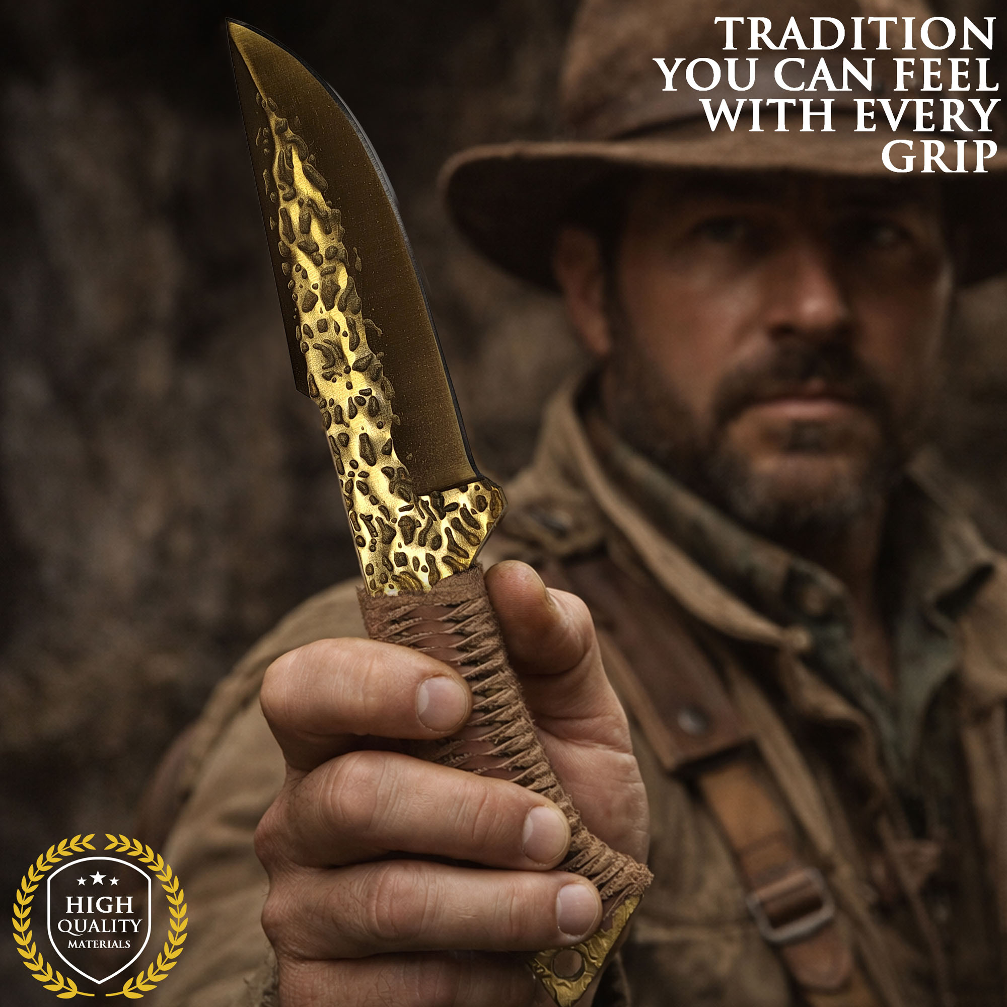 Handgeschmiedetes Jagdmesser im keltischen Stil mit Lederscheide (goldene Klinge)