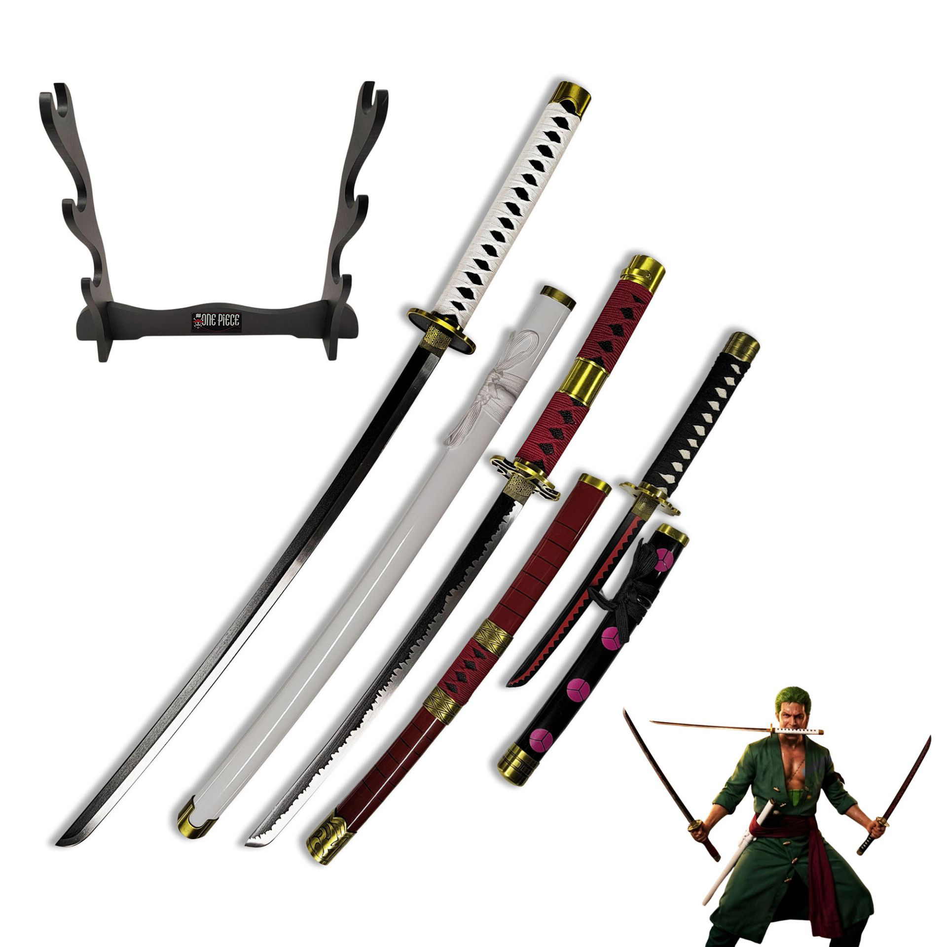 One Piece Schwerter Set mit Ständer – Wado Ichimonji, Sandai Kitetsu & Shuusui