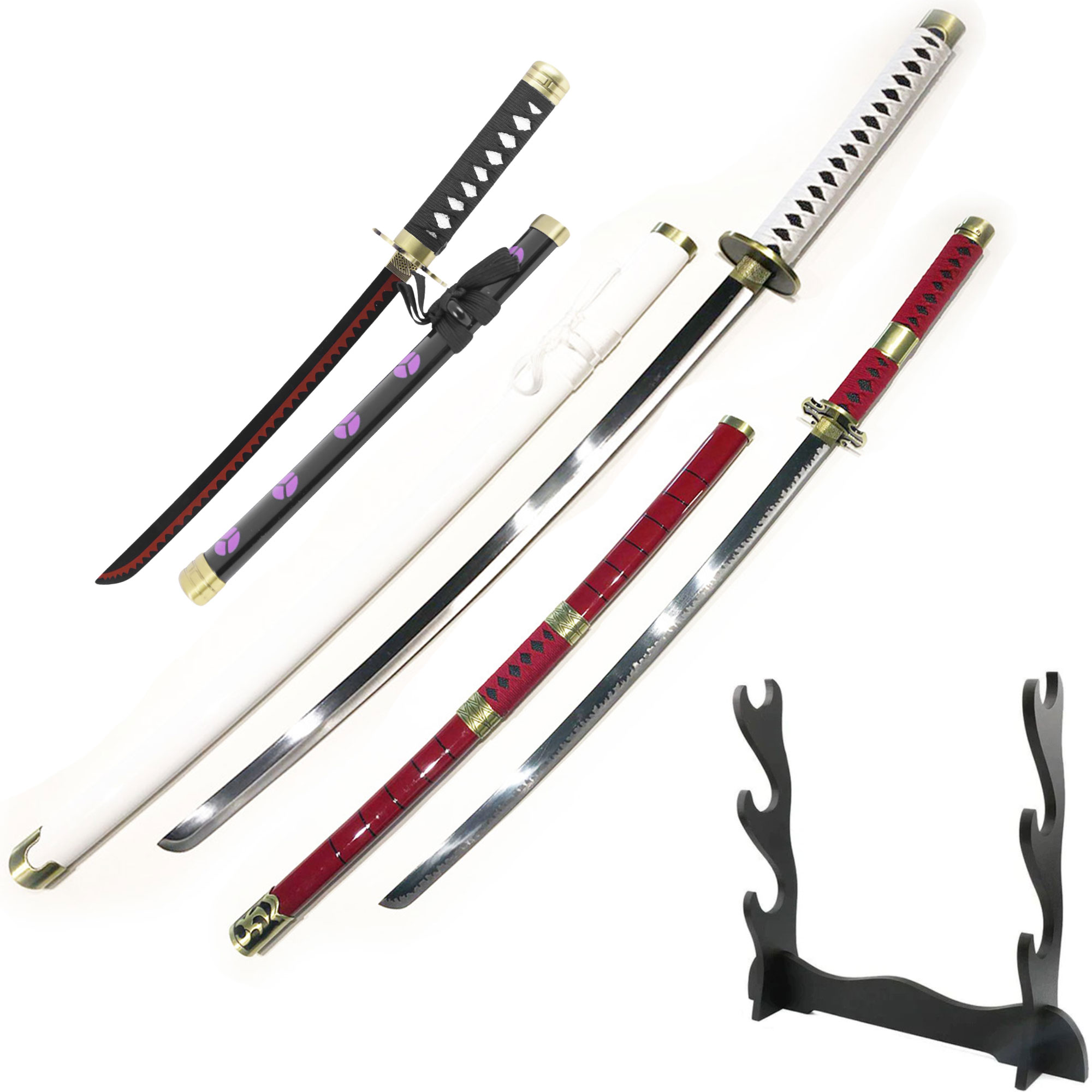 One Piece Schwerter Set mit Ständer – Wado Ichimonji, Sandai Kitetsu & Shuusui