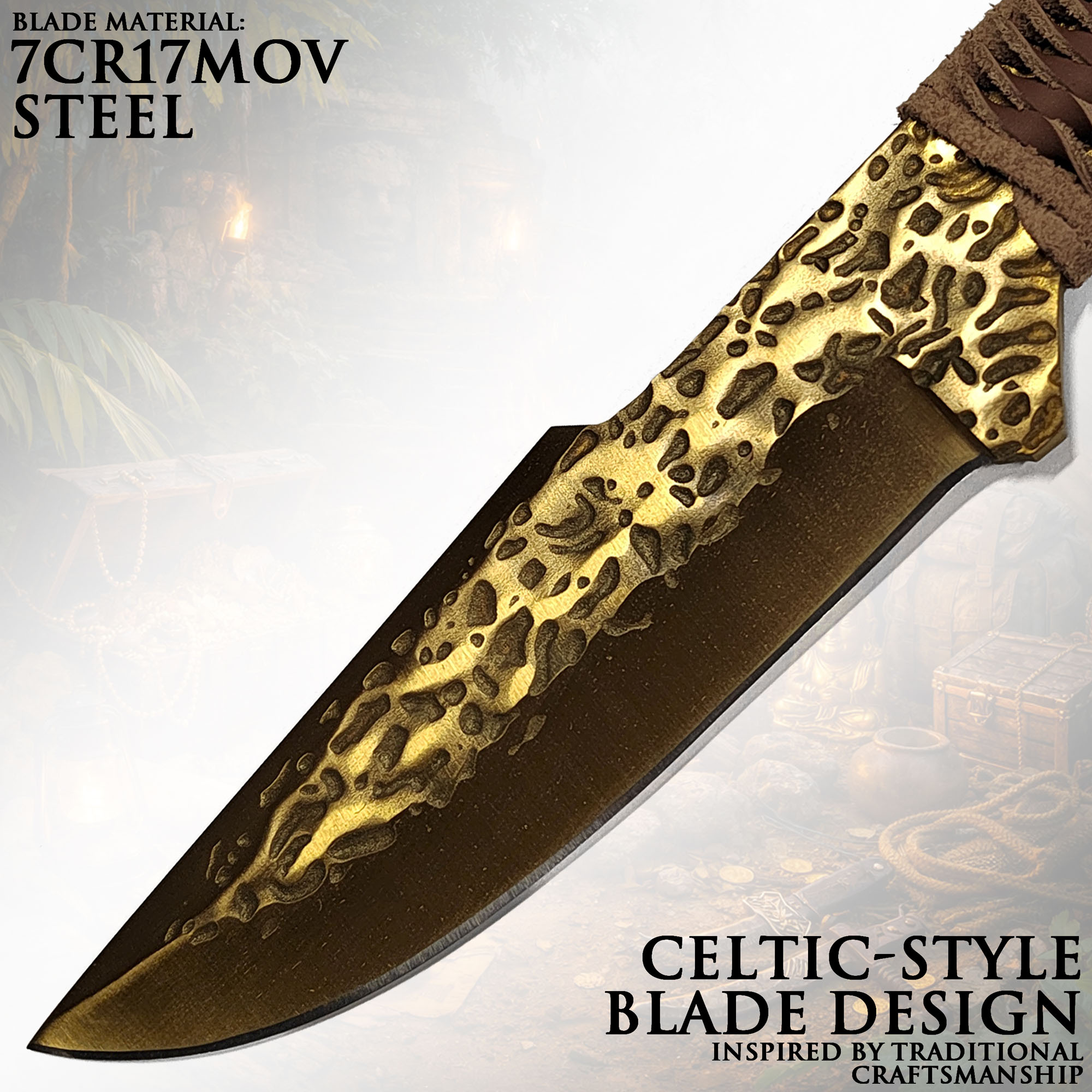 Handgeschmiedetes Jagdmesser im keltischen Stil mit Lederscheide (goldene Klinge)