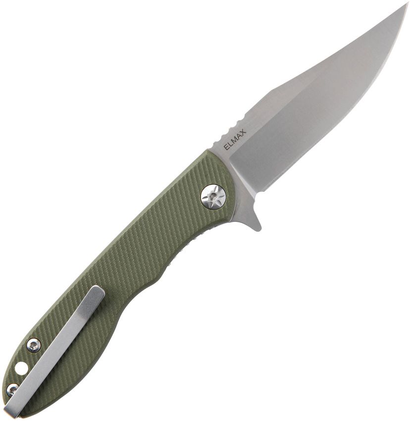 Mini-Scandi-Messer, satinierte Elmax-Clip-Point-Klinge, gefräste grüne G10-Griffe