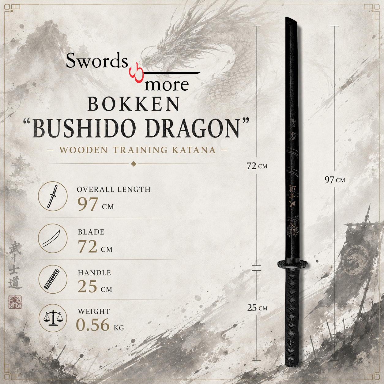 Bokken "Bushido Dragon" – Hartholz-Samuraischwert (98 cm) mit Drachen-Motiv