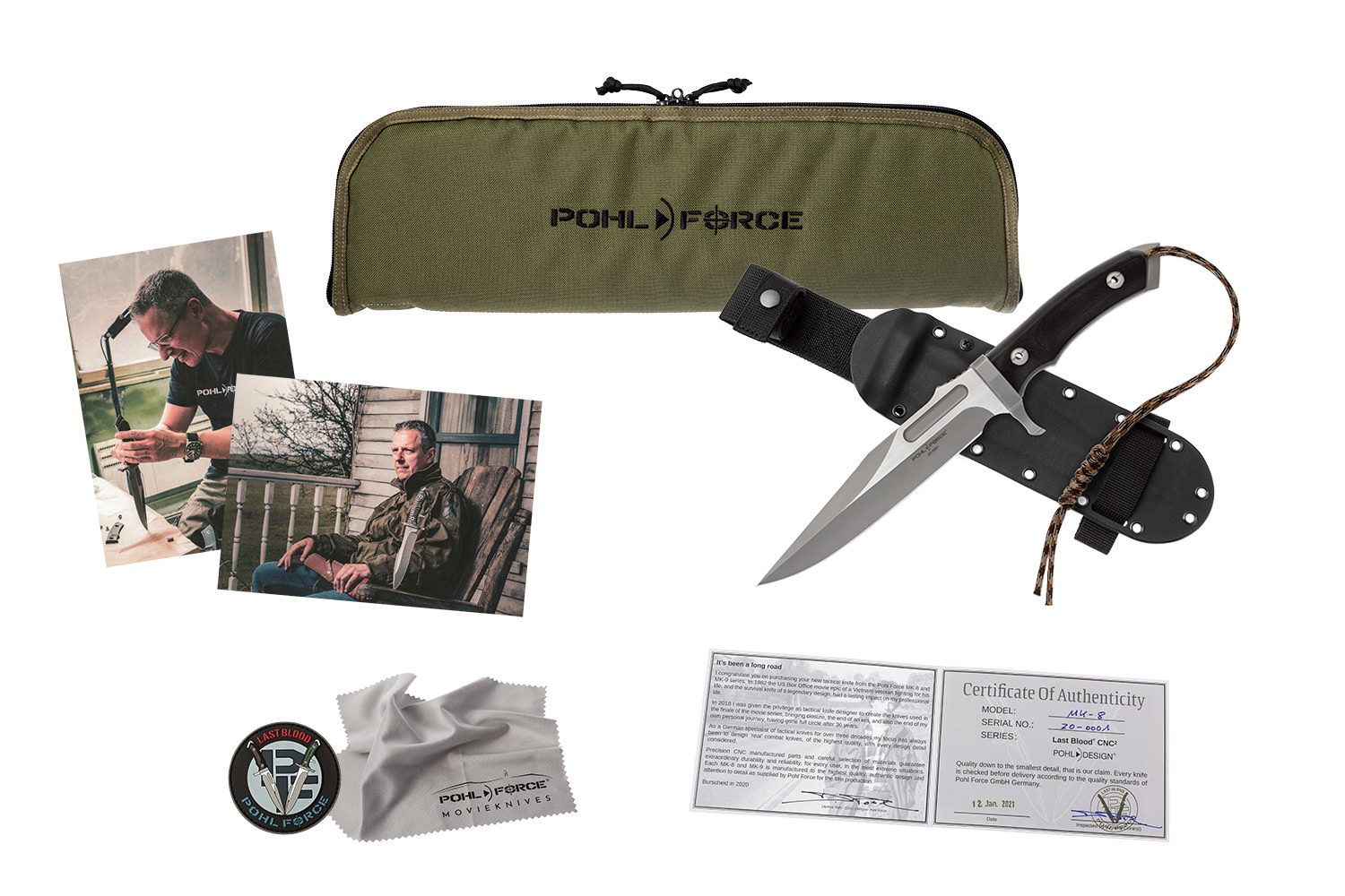 MK-8 Last Blood Messer mit Kydex Scheide - Set (Beingurt, Lanyard, Sammlertasche XXL)