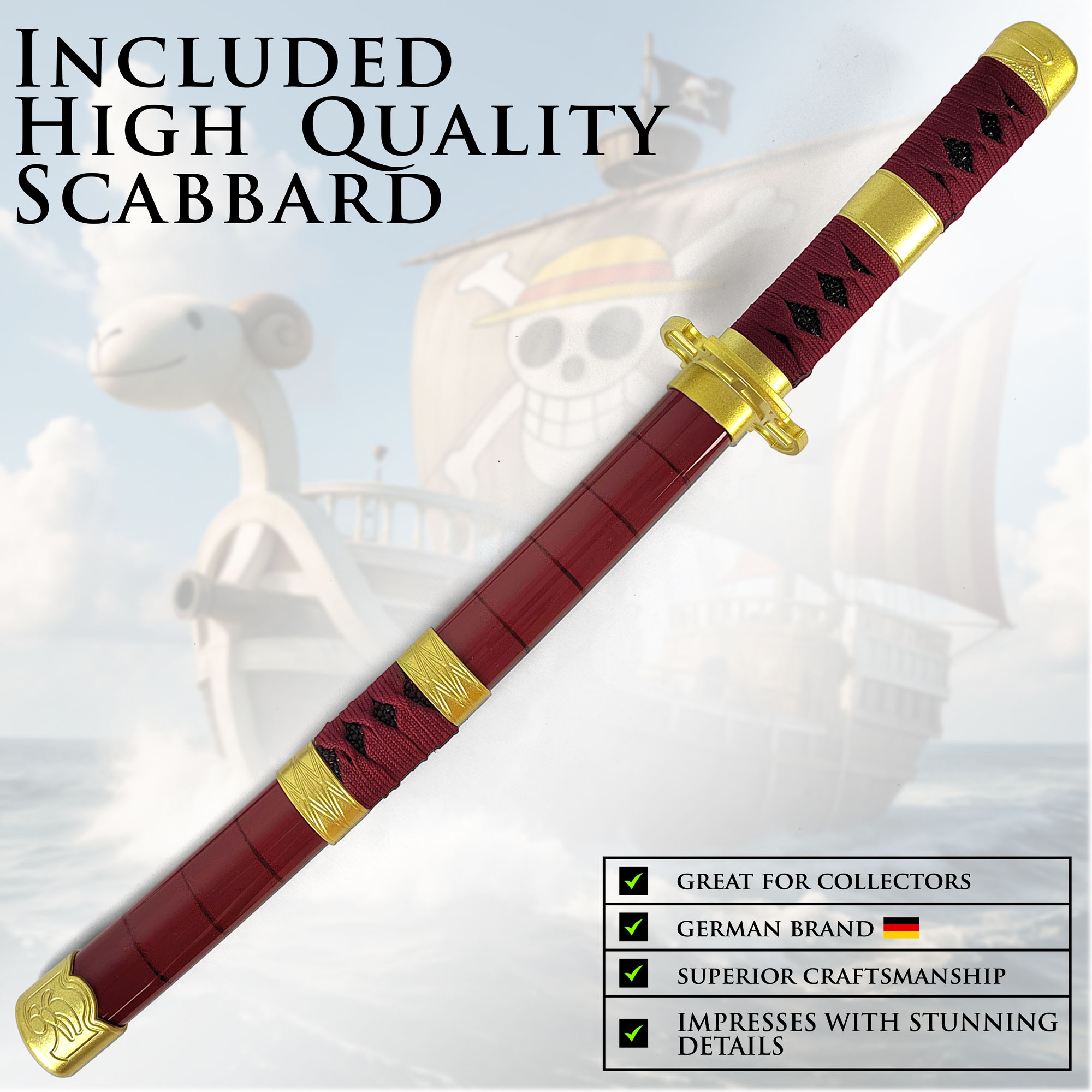 One Piece - Sandai Kitetsu Tanto aus Holz mit Scheide und Ständer