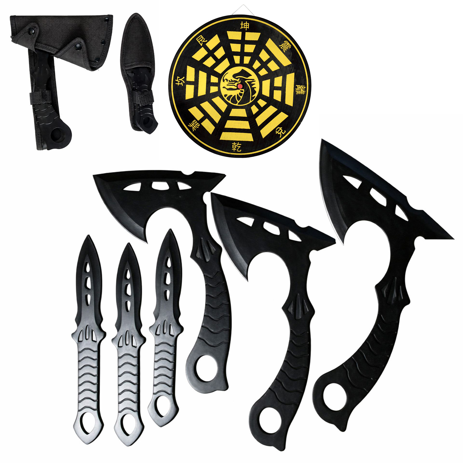 3 Wurfmesser + 3 Wurfäxte mit Scheibe – Wurfset mit Nylon-Pouch