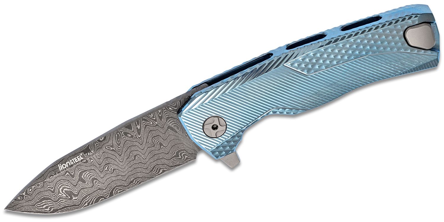 ROK DD BL, Nichols Scrambled Damascus Blade, Blue Titanium Handle