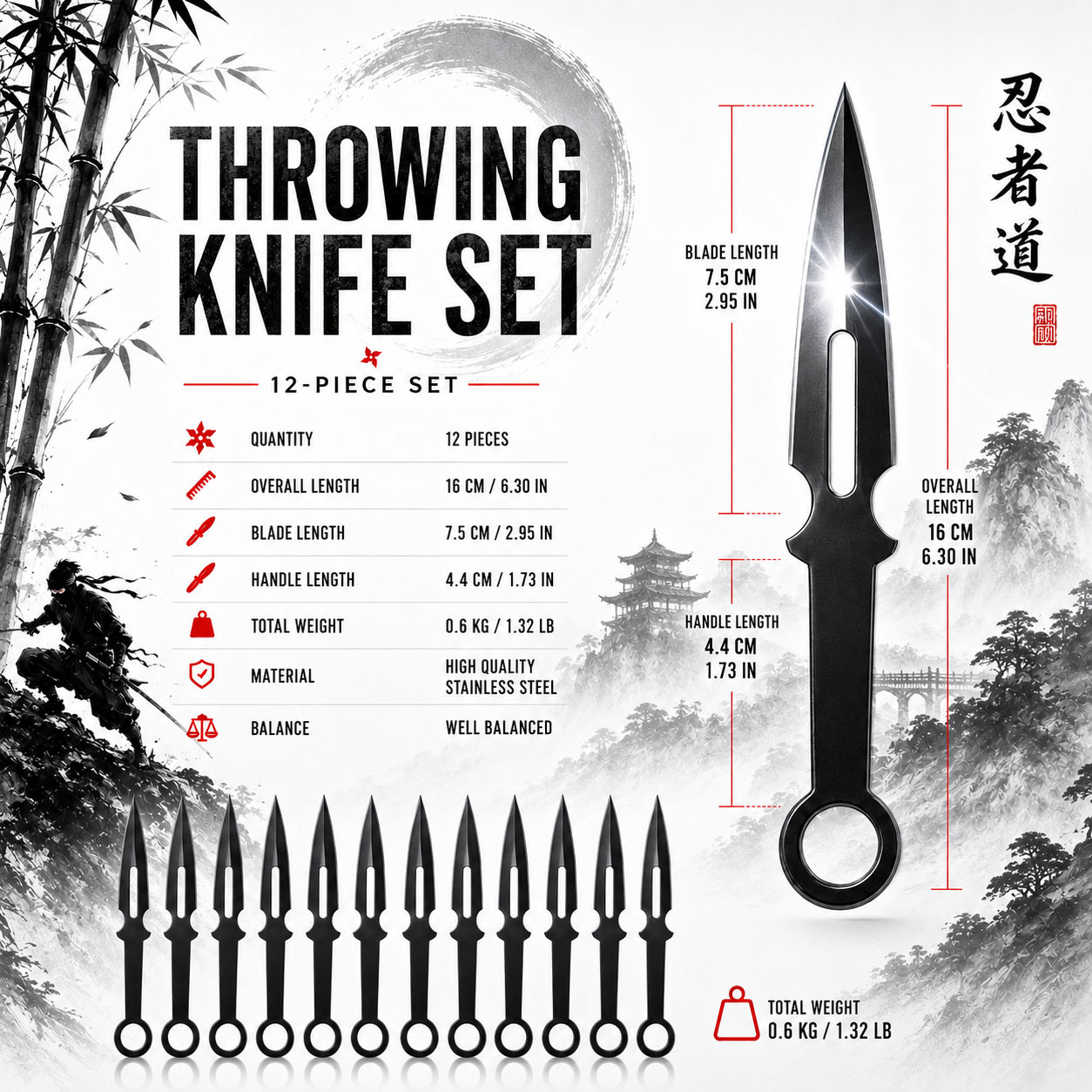 12 Black Throwing Knife with Wooden Target – Set
