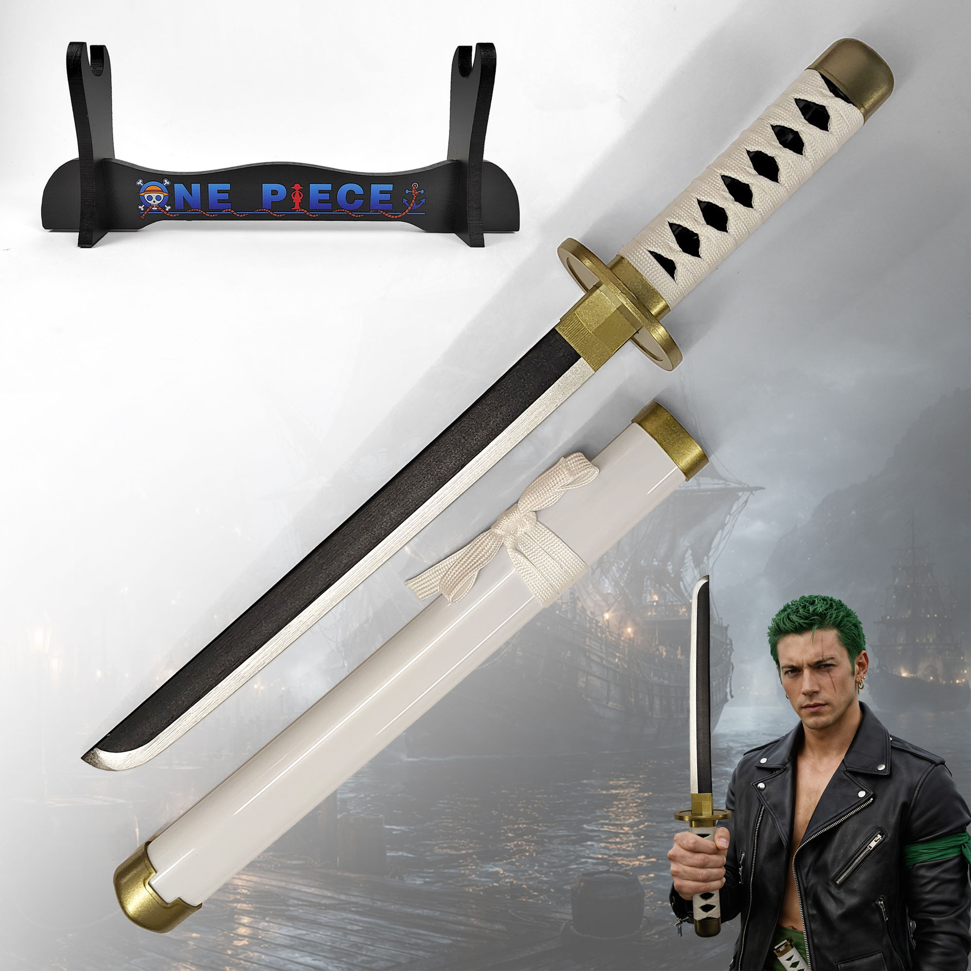 One Piece - Wado-Ichi-Monji Tanto aus Holz mit Scheide und Ständer