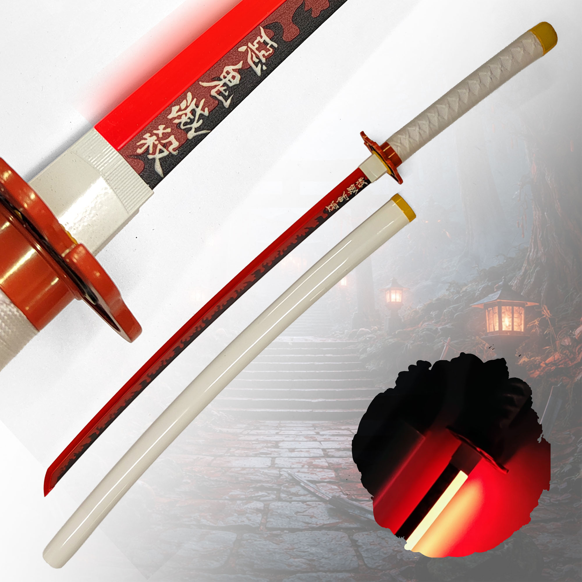 Demon Slayer Rengoku Kyoujurou Schwert mit Scheide (Stahlklinge mit LED-leuchtender Klingenkante)