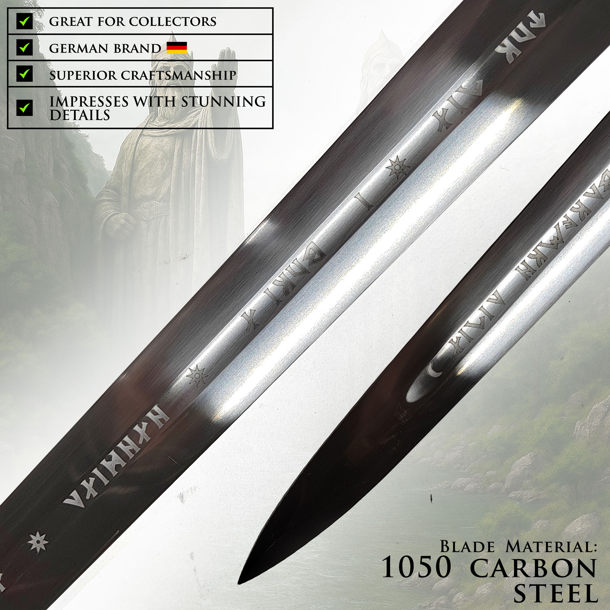 King Sword with Sheath, Handforged, Sharp Edge, Complete Set with Scabbard, Wall Plaque & Belt