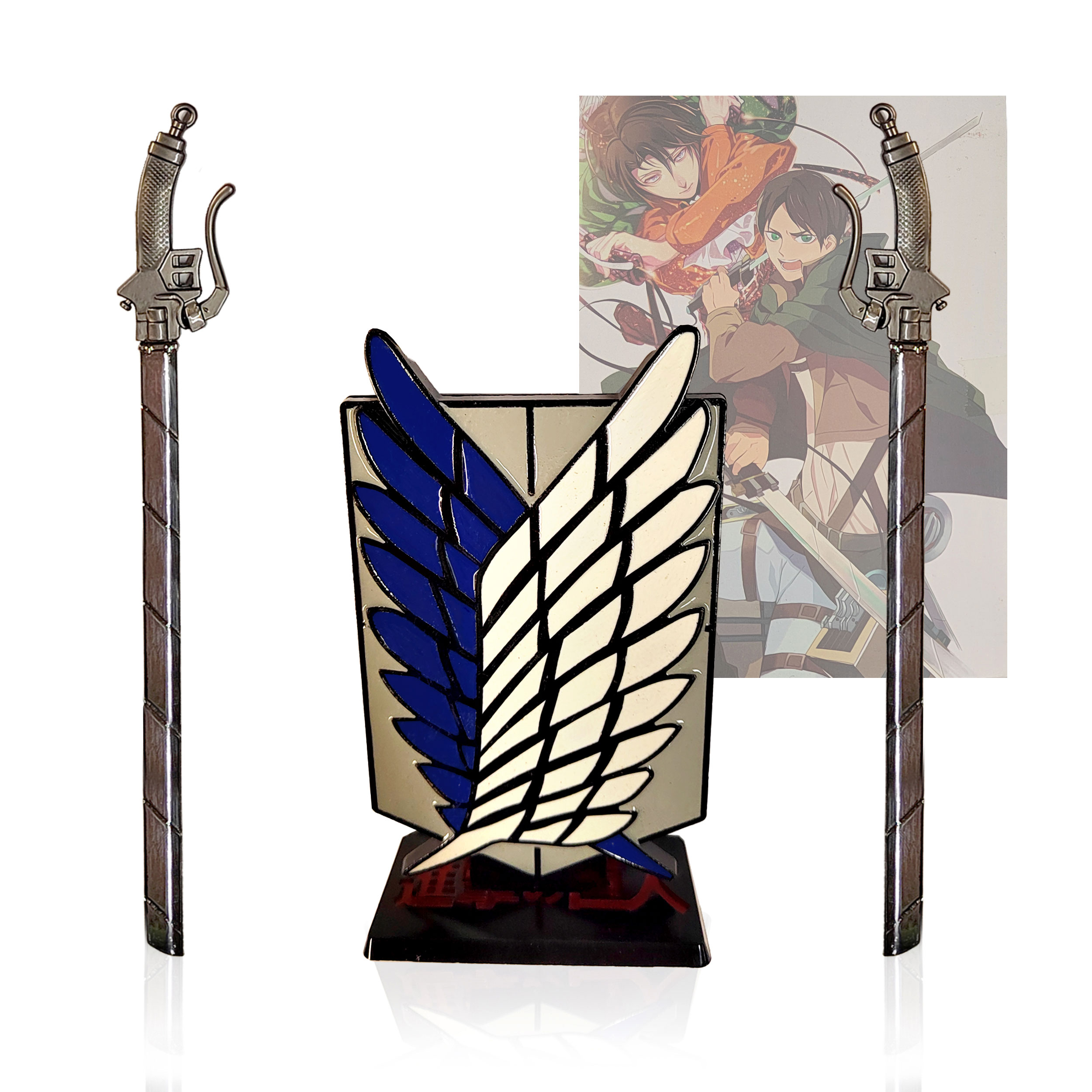 Attack on Titan – Dual ODM Gear Blade Letter Opener Swords with Wings of Freedom Stand